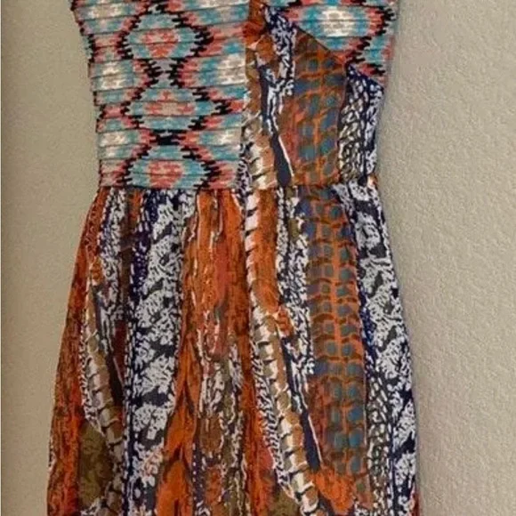 BAND OF GYPSIES | Orange and Blue Pleated Midi Sundress | Size S - Picture 3 of 4
